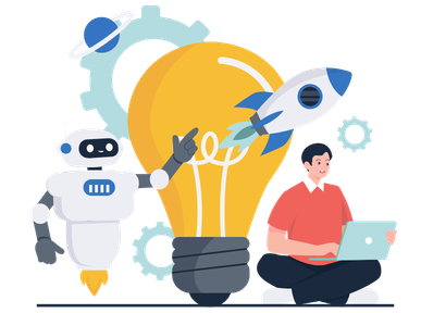 Illustration of an AI assistant and a marketer working together on new campaign ideas